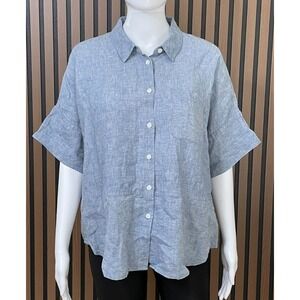 Athleta Anguilla Women's PM Blue Button-Up Linen Shirt Resortwear Coastal Travel